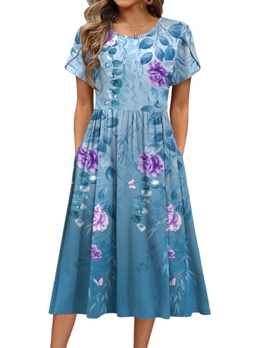Image of HOTOUCH Women's Summer A-Line Midi Dresses 2026 Casual Floral Short Sleeve T-Shirt Dress Flowy Beach Sundress with Pockets