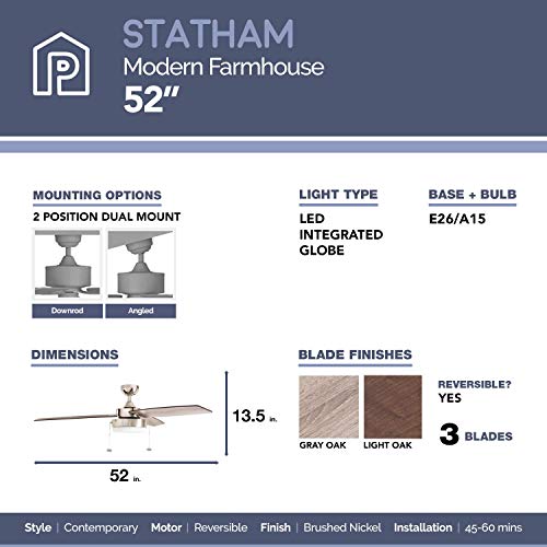 Prominence Home Statham, 52 Inch Contemporary Indoor LED Ceiling Fan with Light, Pull Chain, Dual Mounting Options, Modern Dual Finish Blades, Reversible Motor - 51019-01 (Brushed Nickel) - Image 5