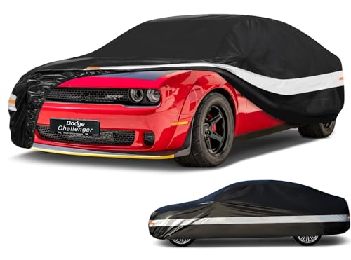 Image of Holhtly Car Cover Custom Fit for Dodge Challenger, Car Covers for Automobiles All Weather Waterproof Sun Snow Rain Wind Dust Protection, Outdoor Car Cover Black & Grey