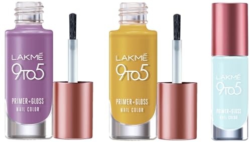 Image of LAKME 9 To 5 Primer + Glossy Finish Nail Colour & 9 To 5 Primer + Glossy Finish Nail Colour, Lilac Link, 6 Ml & 9 To 5 Primer + Gloss Nail Colour, Glossy Finish, Mustard Master, 6 Ml