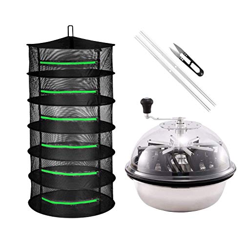 iPower 16" Bud Leaf Bowl Trimmer Machine Twisted Sharp Stainless Steel Spin Cut with Upgraded Gears, and Foldable Hanging Herb Mesh Rack with Zippers, 6L, for Hydroponic Plant, 2ft 6-Layer