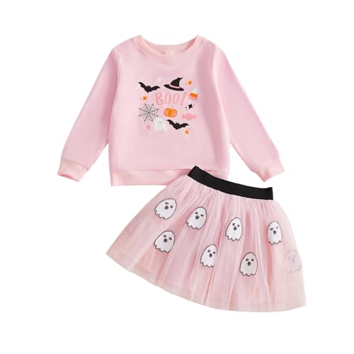 Toddler Baby Girl Halloween Outfits Long Sleeve Letter Ghost Embroidery Sweatshirt A-line Tulle Skirt with Headband