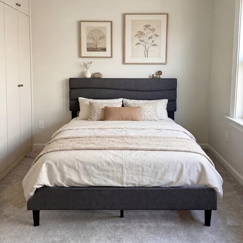 EnHomee Full Size Bed Frame, Upholstered Full Bed Frame with Charging Stations, Storage Headboard Adjustable, Bedroom, Apartment, Dorm, Noise-Free, No Box Springs Needed, Grey