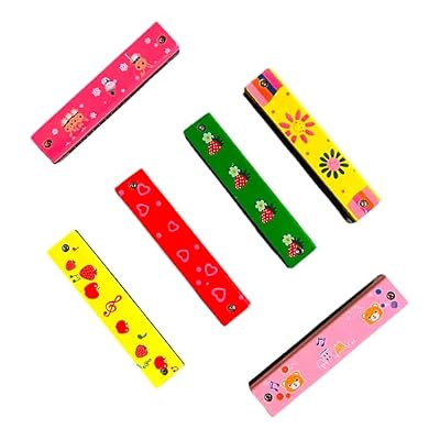 Wooden Musical Harmonica/ Mouth Organ Set for Kids, Pack of 6, Colourful and Cute Design Patterns, Colour and Print May 