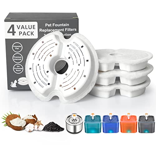 Hywean 4 pièces Filtre Fontaine Eau Chat, Filtres de Remplacement de pour 2-2.5L Fontaine Chat, Filtres de Rechange avec Charbon Actif et Résine Échangeuse d'Ions Cover