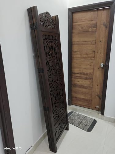 Image of Wooden Room Divider Decorative Foldable Privacy Screen Hand Carved Partition for Living Room Bedroom Office Decor (6 Feet 2 Panel Dark Brown Each Panel Size 72X20 Inch)