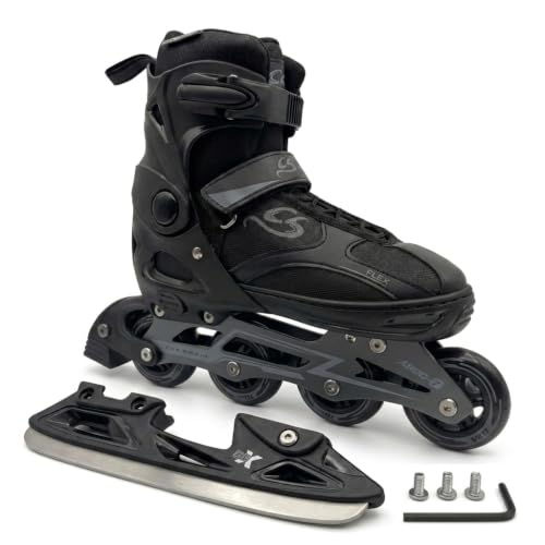 Cox Swain Black Ice 2in1 Inliner & Schlittschuhe - Größenverstellbare Kombi Skates & Eislaufschuhe für Kinder Mädchen Jungen Damen & Herren - Edelstahlkufen PU-Rollen ABEC 7 Gr. 29-32 bis 43-46
