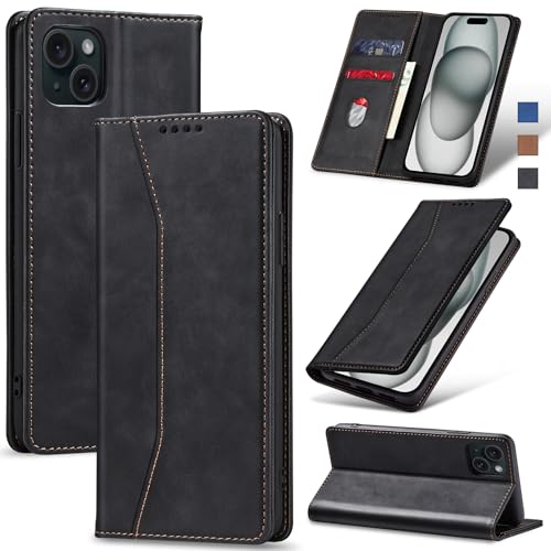 Image of Jasonyu Flip Wallet Case for iPhone 15 Plus,Black