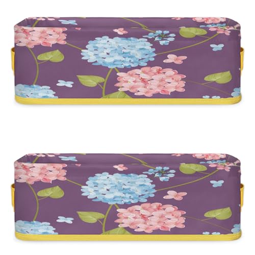 Hydrangea Flowers Pattern Bathroom Storage Basket Waterproof Foldable Storage Bins with Handles Decorative Toilet Paper Storage Basket for Organizing for House Bathroom Toiletries Set of 2