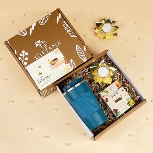 Image of Giftana Diwali Gift Hamper for Employees and Clients, 4 in 1 Coffee Tumbler 510ml, Lotus Diya, 1pcs Brownie, Greeting Card Set, Diwali Gift Set for Family & Friends (Blue)