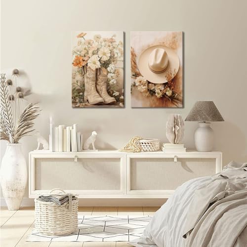 Image of NNX 2pcs Vintage Western Cowgirl Canvas Wall Art: Coastal Cowgirl Boots & Hats Posters - Trendy Preppy Dorm Room & Living Room Wall Decor - Ready To Hang
