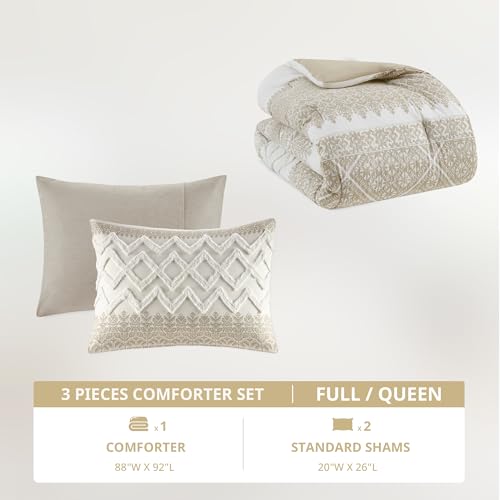 Image of Ink+Ivy Queen Comforter Set, Chic Chevron Chenille Tufting Accent, Boho Comforters, All Season, Lightweight Cotton Comforter Bedding, 2 Shams, Mila, Full Taupe 3 Piece