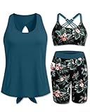 Daci Teal and Floral Women 3 Piece Tankini Swimsuits - Athletic Swim Tank Top with Bra Bathing Suit with...
