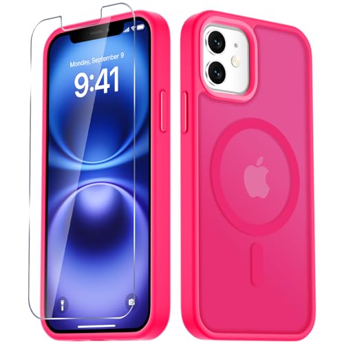 LATVIN for iPhone 11 Case, Magnetic Phone Cover with 1 Screen Protector, Compatible with MagSafe, Military Grade Protection, Translucent Matte Frosted Back, Hot Pink