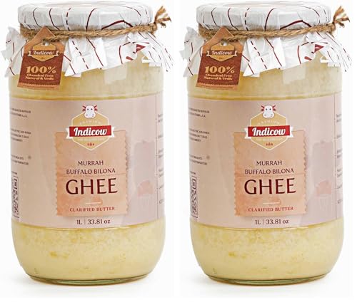 Image of Indicow Foods Murrah Buffalo Ghee 1L Glass packaging | Grass fed Buffalo | Bilona Ghee | 100% Pure and Chemical Free(Buffalo Ghee, White) 1L packaging (Pack of 2)