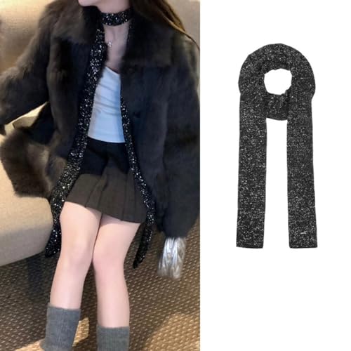 Sparkling Sequins Scarf for Female Girl 2000s Long Neck Scarf Spring Autumn Narrow Knitted Thin Scarf Japanese Neck Wrap2