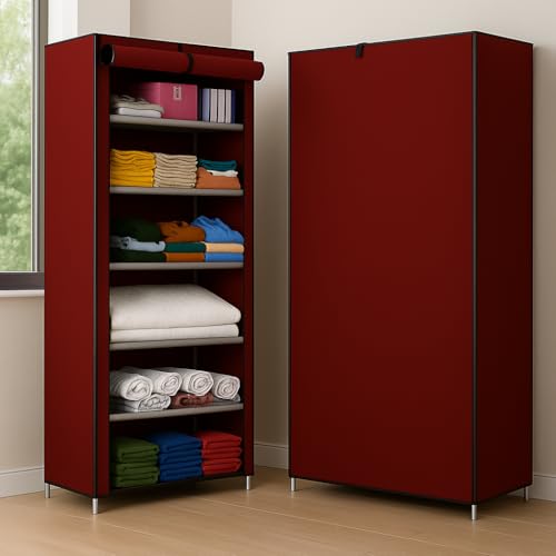 Image of Vtopmart Collapsible Wardrobe 6 Shelves Storage Clothes Storage Rack Quick Wardrobe /Cabinet /Multipurpose Storage Rack, Foldable, Collapsible Fabric Organizer for Home Office (Maroon, 6)