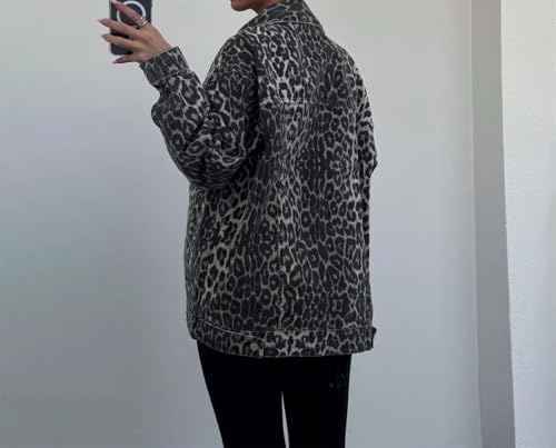 OCUH Denim Jacket for Women Leopard Print Oversized Denim Jacket Basic Button Down Long Sleeves Jean Jacket4
