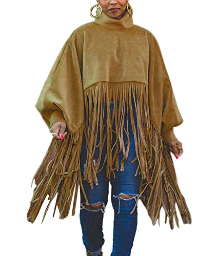 ECDAHICC Women's Tassel Ponchos Cape Cloak Coat Woolen Turtleneck Shawl Pollover Plus Size Fringe Sweatshirt Top