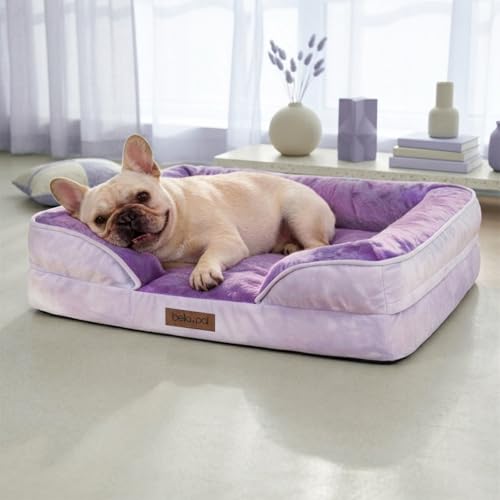 BELLA & PAL Cuccia per Cani Interno, 71x59x16.5cm Letto Ortopedico per Cani Taglia Piccola/Media, Cuscino Cane con Bordo Alto | Divano Cane in Flanella Sfonderabile Impermeabile e Lavabile, Viola