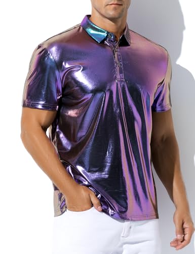 Casey Kevin Men's Short Sleeve Collared Shiny Metallic Shirts Nightclub Button Down Shirt Reflective Rave Outfit Holographic Disco Top,Purple,Medium - Image 6