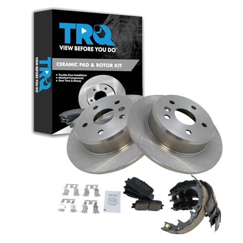 Image of TRQ Rear Brake Pad and Rotor Set Ceramic Parking Shoe Compatible with 2001-2003 Toyota Highlander