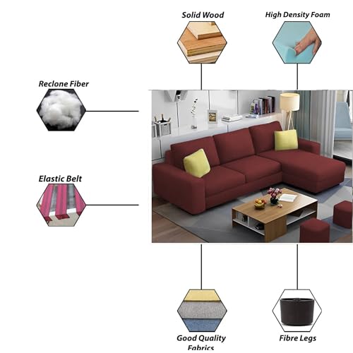 Image of Orland 4 Seater RHS L Shape Sofa Set for Living Room | Color - Maroon | Premium Fabric Sofa