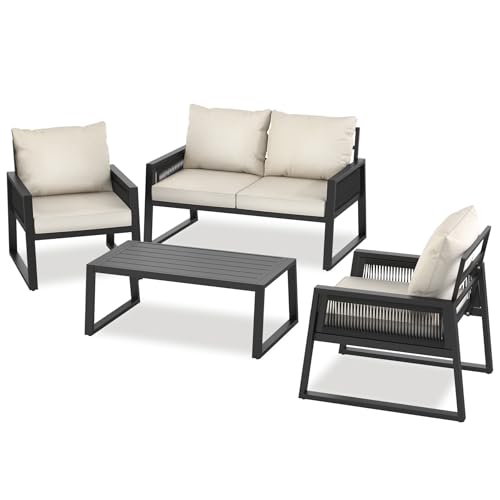 tectake® Conjunto Muebles de Jardín Exterior de Aluminio,Mesa y Sillas de Terraza Resistentes a Intemperie, Altura Regulable, Fundas Extraíbles, Cojines Extragruesos - 1 Sofá, 2 Sillones y 1 Mesa