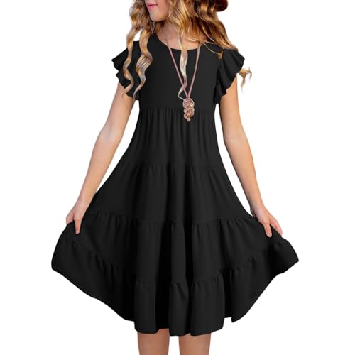 Girls Summer Dresses Flowy A-Line Tiered Ruffle Boho Casual Midi Dress with Flutter Sleeves for Kids3