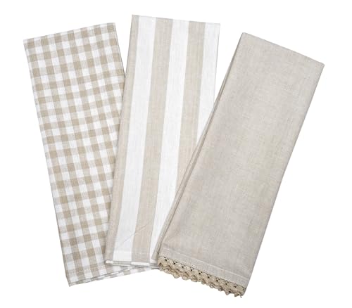 AKCOT Kitchen Towels or Tea Towels with Hanging Loop | Cotton Flax | 20" X 28" | Set of 3 | Super Absorbent, Quick Drying, Hand Towels for Modern Kitchen Décor | Assort Design