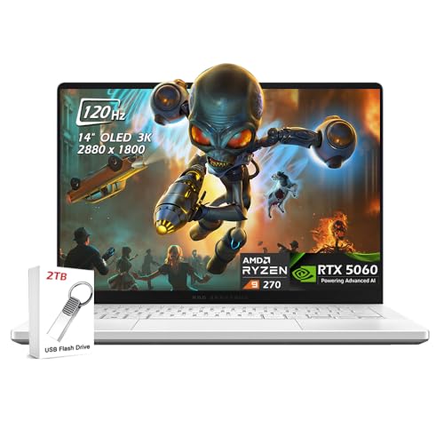 ASUS ROG Zephyrus G14 AI Gaming Laptop de 14 pulgadas ROG Nebula OLED 2.8K 500nits, AMD Ryzen 9 270, RTX 5060 8GB, 16GB LPDDR5X, 2TB SSD, WiFi7, Win11, blanco platino, con unidad USB de 2 TB, W/GaLiMu