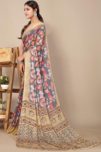 Image of MIRCHI FASHION Women Saree | Plain Weave Chiffon Abstract Printed Office Wear Sari with Blouse