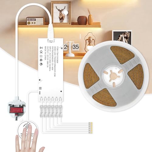 RYE Under Cabinet Led Light Strip kit,16.4ft/5m Cuttable 3000K,6 Outlets Power,Touch Switch&Dimmer,COB Strip for Kitchen Cupboard,Book Shelf,Floating Shelf,Wall Panel,Home Decor [Energy Class A]