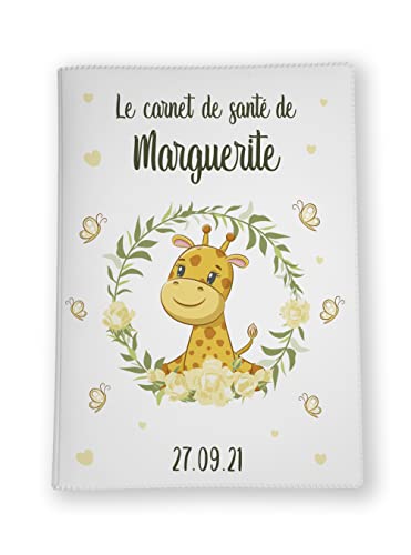 Protège carnet de santé personnalisé, idée cadeau personnalisable bébé, cadeau naissance original, Couverture carnet de santé Girafe - CL0011a (Blanc)
