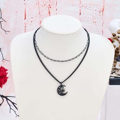 WOWORAMA Gothic Black Moon Necklace for Women Halloween Layered Black Chains Crescent Moon Sun Necklaces Dark Punk Goth Necklace Halloween Christmas Goth Jewelry