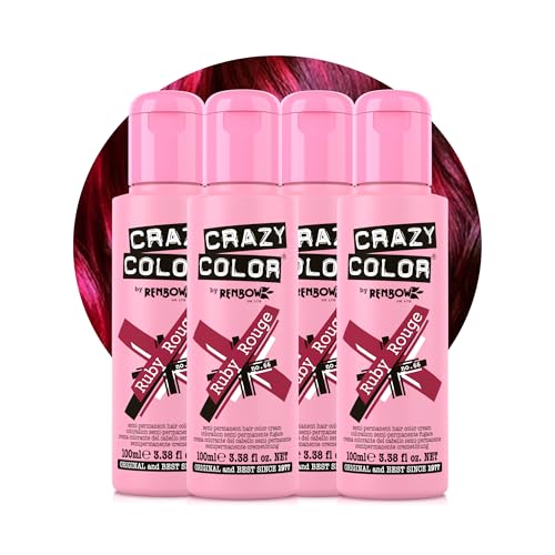 Crazy Color Vibrant Ruby Rouge Semi-Permanent 4 Pack Quad Hair Dye. Highly Pigmented Wine Red/Plum Conditioning & Oil Nourishing Vegan Formula No Bleach or Ammonia 400ml