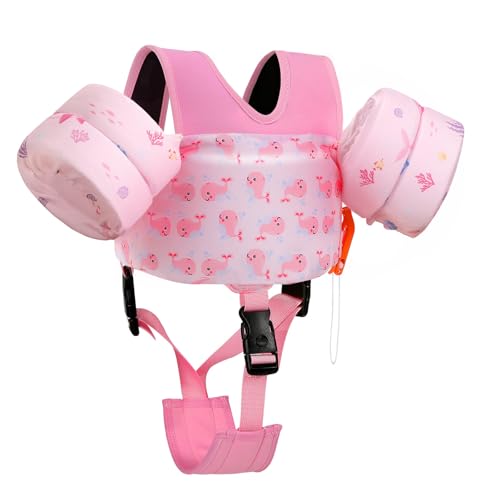 MoKo Swim Arm Floaties 15-30 lbs Toddler Swim Vest for Kids Cartoon Swimming Water Wings with Crotch Strap Pool Float Vests Sleeves Shoulder Straps Arm Band for Children Baby Pink Whale