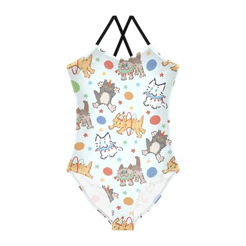 Girls One Piece Swimsuits Cute Kitty Circus Blue Cute Swimwear Bathing Suits 3-10T