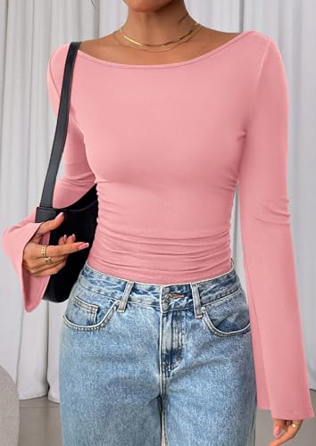 Image of PRETTYGARDEN Women Long Sleeve Shirt 2025 Crop Casual Boat Neck Bell Sleeve Ribbed Ruched Y2K Clothing
