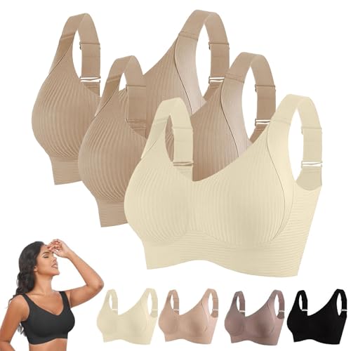 3 Piezas Sujetador Sin Aros Mujer Suave 2025 Sujetadores De Forma Seamless Ligero Base Top Corsé Espalda Desnuda Push Up Sujetador Lactancia Cómodo Bra Gimnasia Correas Ajustables, Beige+beige+blanco