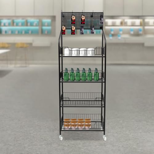 Ginelm 4-Tier Retail Snack Display Rack, Snack Candy Display Shelf Cart, with 4 Wheels & 10 Hooks Snack Fruits Organizer Holder Stand, for Convenience Stores, Home, Kitchen