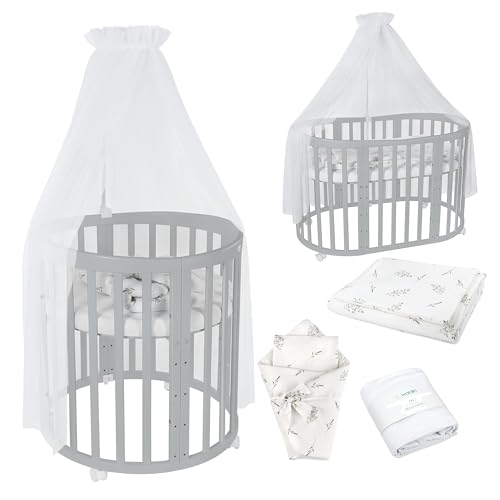 Waldin Oval Baby-Bett Mitwachsend Komplett Set 7in1, Gitterbett, Kinderbett mit Matratze, Wickelkommode, Beistellbett, Holz Grau, Stoffe Weiß Zweige