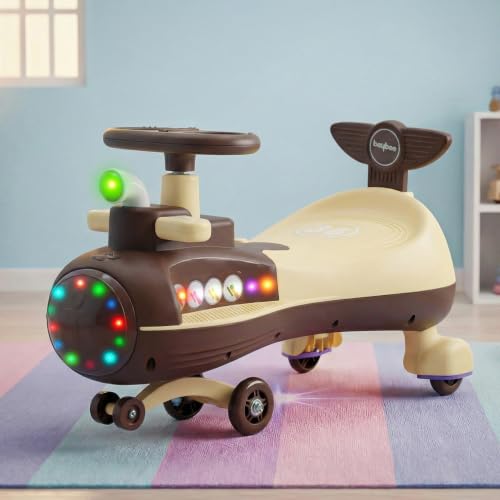 Image of Baybee Diver Baby Swing Cars for Kids | Indoor Wiggle Push Baby car with Floor Lights | Twister Ride on Kids Car with RGB Lights, Music & Backrest | Magic Car for Kid 2 to 5 Years (Brown)