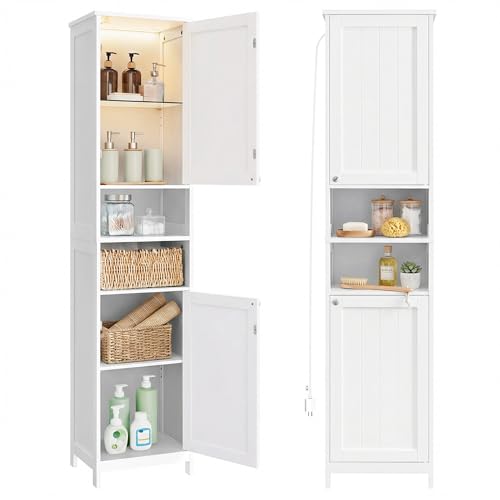 VASAGLE Tall Bathroom Cabinet with Lights, Slim Freestanding Bathroom Storage Cabinet with Adjustable Shelves, for Small Spaces, Modern, 15.7 Inches W