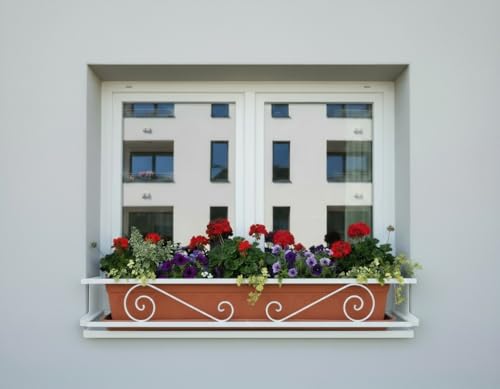 CM Garden - Balconcillo para Macetas Extensible 60-100 cm, Balconcillo para Plantas, Portamacetas Ventana, Protector de macetas, Modelo Volutas, Blanco