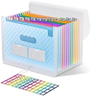 ThinkTex Accordian File Organiser, 12 Pockets Expanding File Folders, Portable Monthly Bill Receipt Organiser, Colorful Tabs, Letter/A4 Size