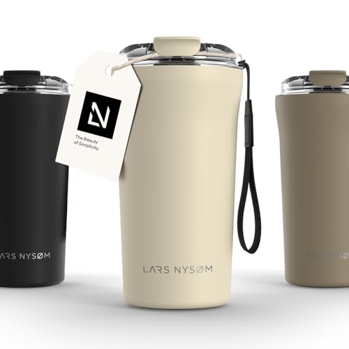 Image of LARS NYSOM Thermo Coffee Mug to go with Strap 17oz | Travel Mug 0.5 Liter with Insulation | Leak Proof Stainless Steel Thermal Tumbler for Coffee and Tea to Go (Almond Beige, 17oz)