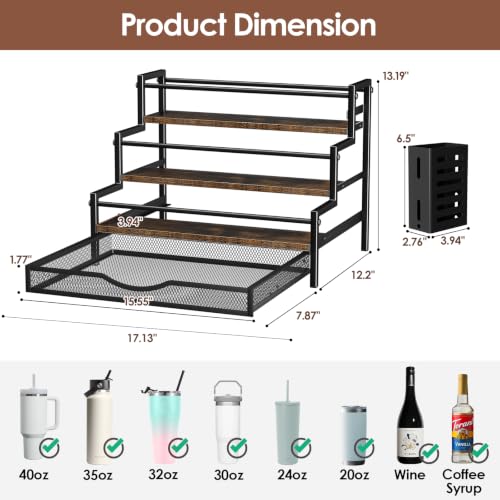 Image of Water Bottle Organizer for Full 40 oz Stanley with Handle, Black | 3 Tier Stanley Cup Organizer, 12 Bottles Capacity, Rustic Countertop Display Shelf, For Coffee Bar, Cabinet, Countertop
