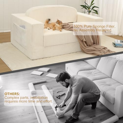 Sofá cama pequeño convertible de pana beige MeMoreCool para pisos 5