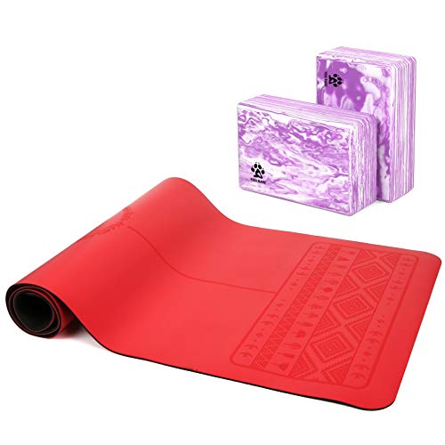 Yogi Bare - Esterilla de Yoga para Principiantes, diseño de Patas de Agarre Extremo con 2 Bloques de Yoga, Alfombra roja - Bloques morados